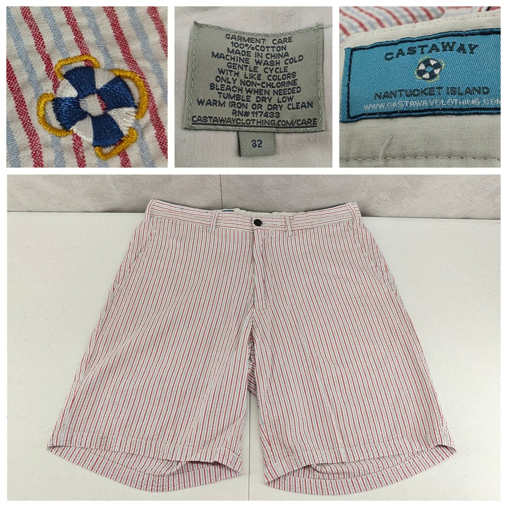 Castaway Seersucker Shorts Mens 32 Red Blue White Stripe Nautical Beach Preppy